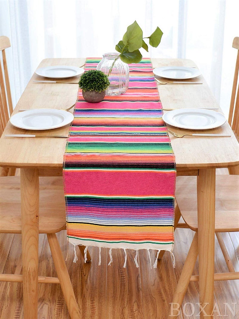 BOXAN Mexican Serape Table Runner for Mexican Party Wedding Decorations Outdoor Picnics Dining Table, Fringe Cotton Blanket Fiesta Table Runners, 14 x 84 Inch - Image 3